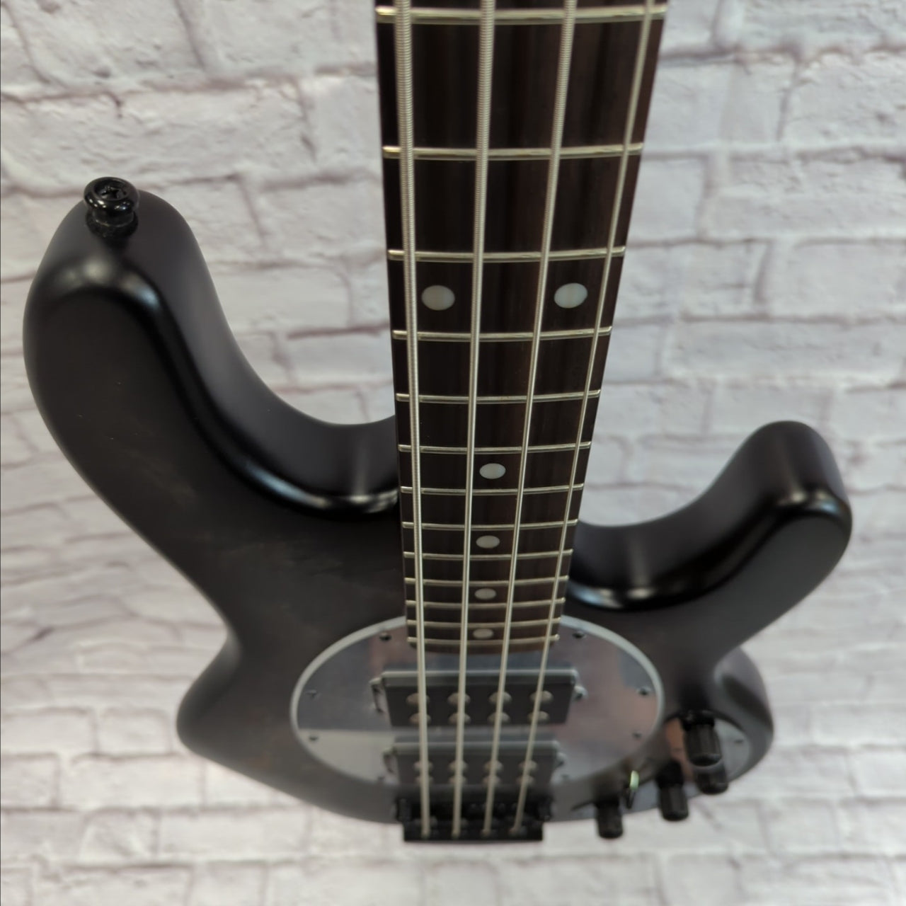 Sterling by Music Man Sting Ray Ray34 HH 4 String Bass Guitar Burl Top Trans Black Satin