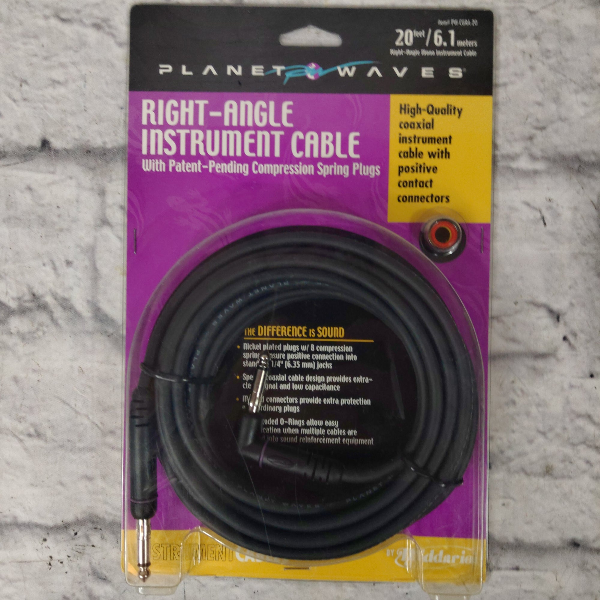 Planet Waves PW-CGRA-20 Straight to Right Angle Instrument Cable With Compression Spring Plugs - 20 foot