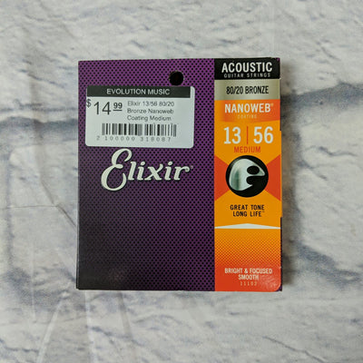 Elixir 13/56 80/20 Bronze Nanoweb Coating Medium Acoustic Guitar Strings