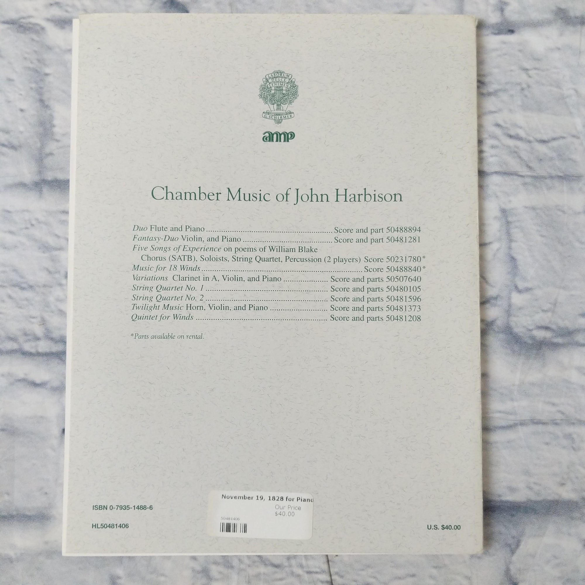 John Harbison November 19, 1828 Piano, Violin, Viola, and Cello (score and parts)