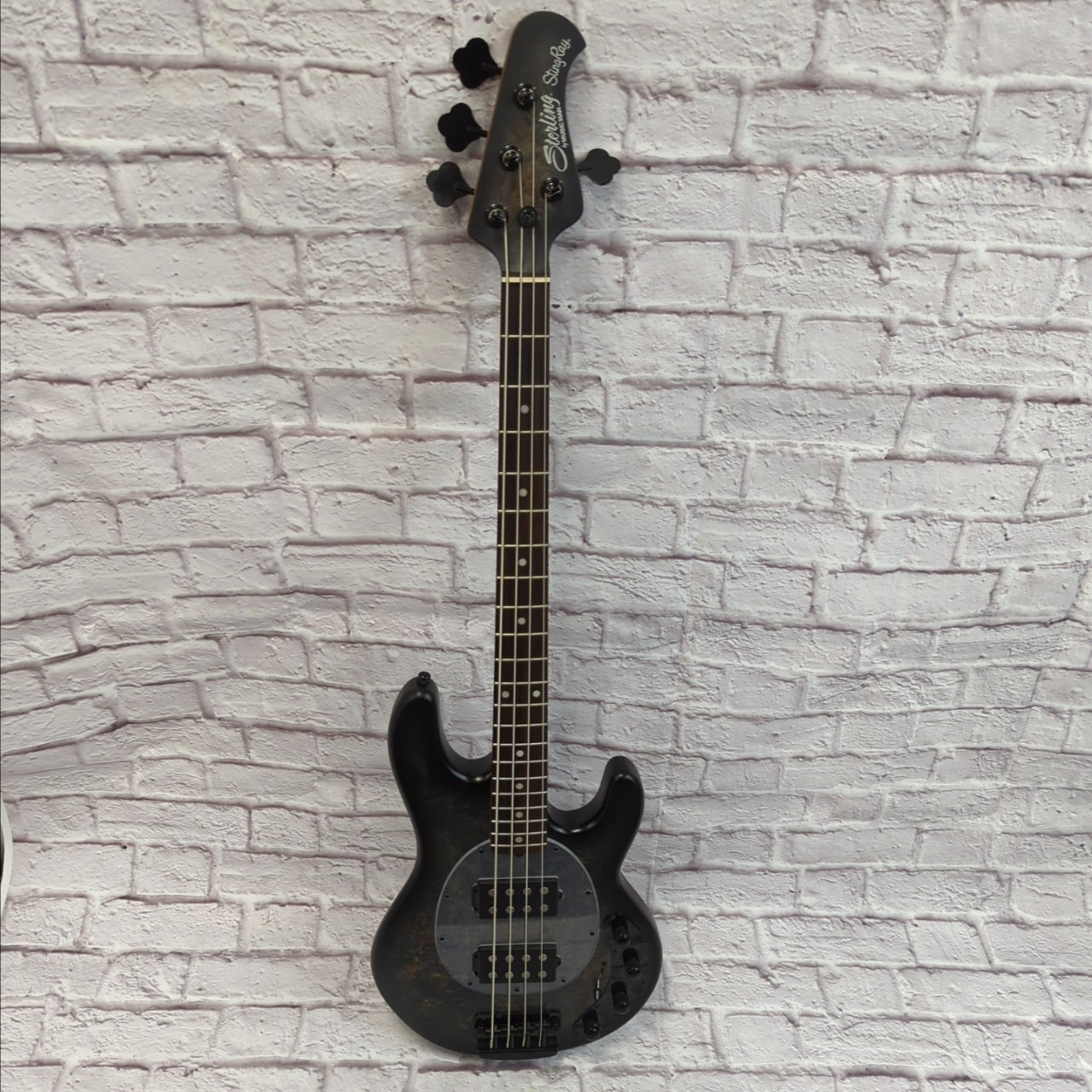 Sterling by Music Man Sting Ray Ray34 HH 4 String Bass Guitar Burl Top Trans Black Satin
