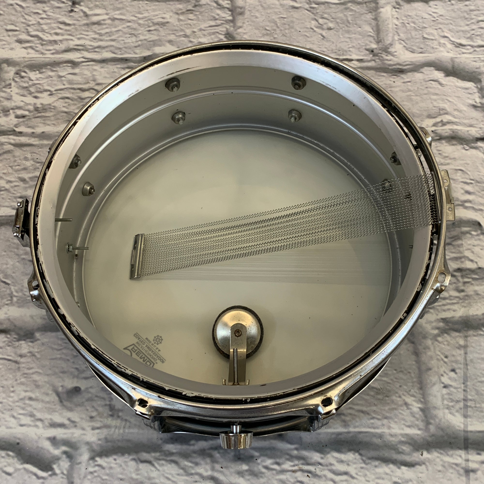 Ludwig No. 404 Acrolite 5x14" Aluminum Snare with Pointed Blue/Olive Badge 1970s