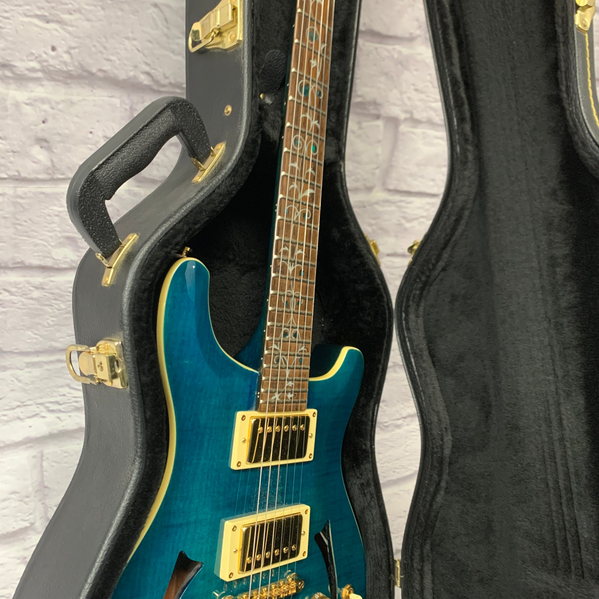 Tradition MTP-450 Semi Hollow Electric Guitar - Transparent Blue, Tree of Life Inlay, Hardshell Case