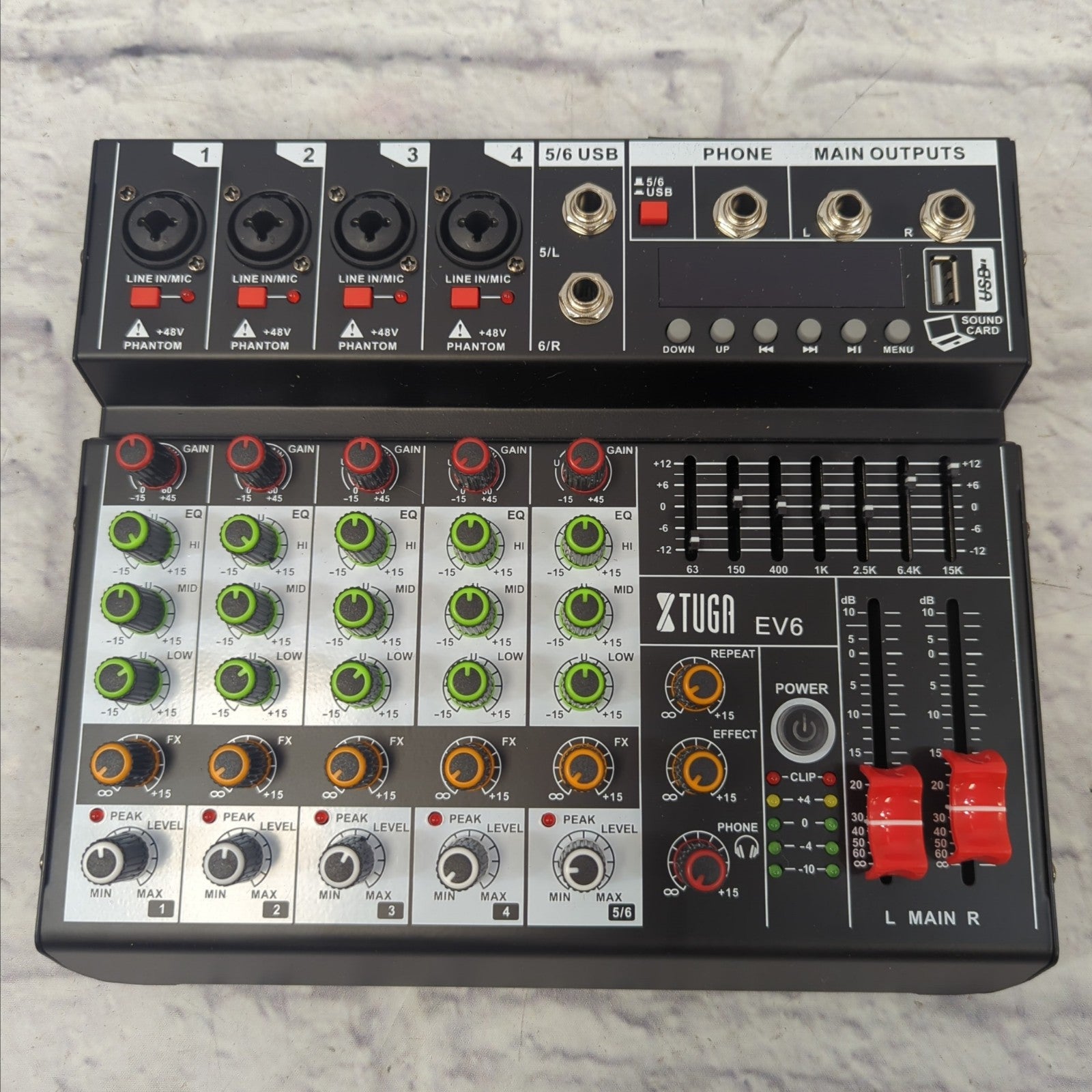 XTUGA EV6 Professional 6 Channel Audio Mixer w/ 16 DSP Effects,7-band EQ,Independent 48V Phantom Power Bluetooth Function USB Interface