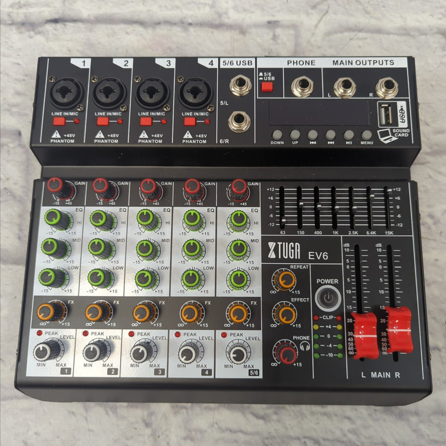 XTUGA EV6 Professional 6 Channel Audio Mixer w/ 16 DSP Effects,7-band EQ,Independent 48V Phantom Power Bluetooth Function USB Interface