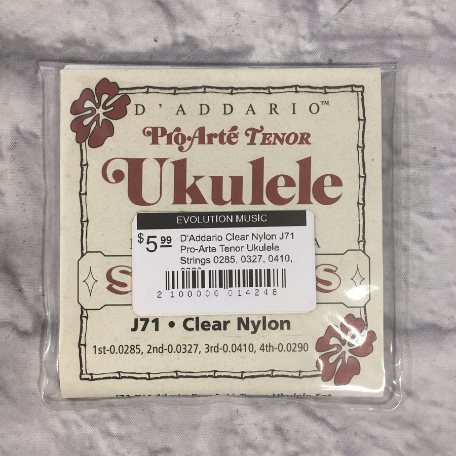 D'Addario Clear Nylon J71 Pro-Arte Tenor Ukulele Strings 0285, 0327, 0410, 0290