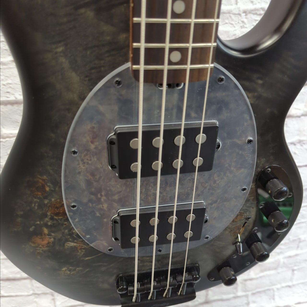 Sterling by Music Man Sting Ray Ray34 HH 4 String Bass Guitar Burl Top Trans Black Satin