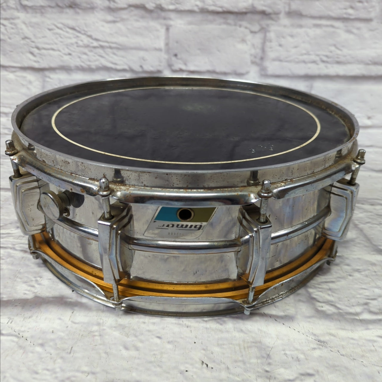 Ludwig No. 400 Supraphonic 5x14" Aluminum Snare Drum with Pointed Blue/Olive Badge 1969 - 1979 S/N 999589